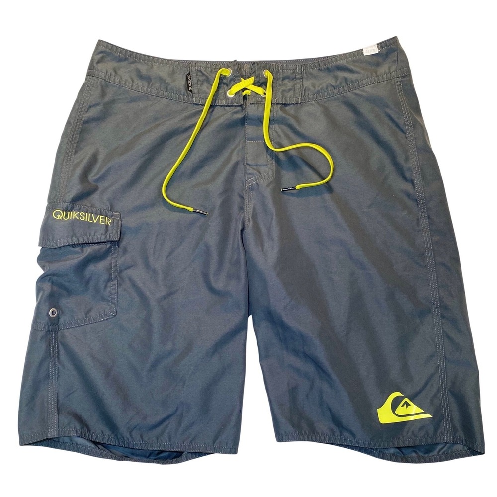 Quiksilver Board Shorts Gray Neon Yellow Surf Swim Men's Size 31
